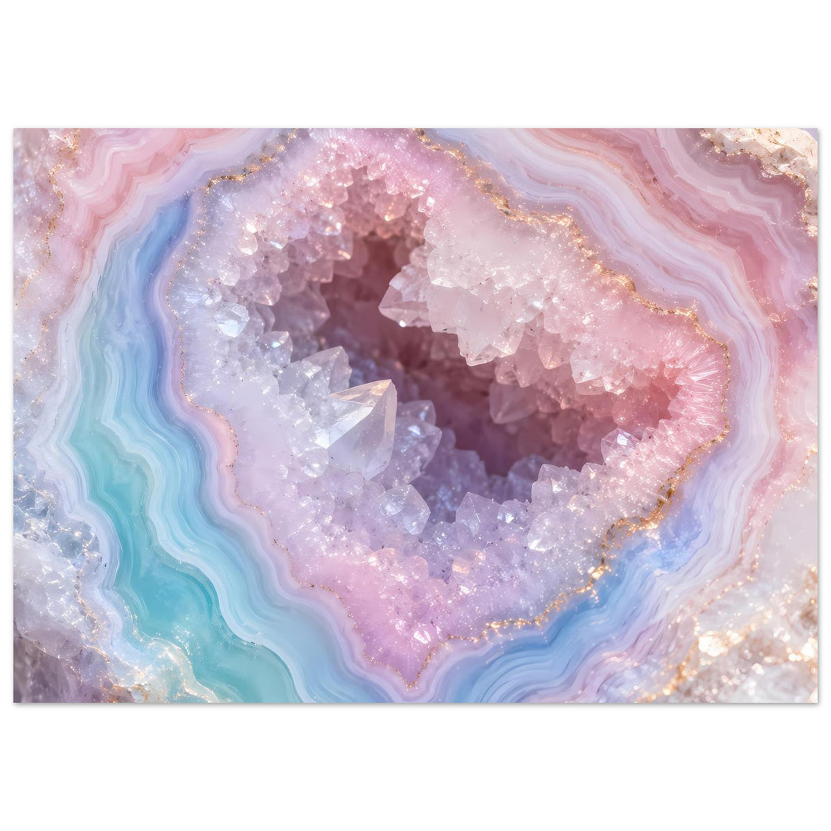Poster mit zentralem Kristallblock, Pastellblau, Rosa und Violett im Achatmuster