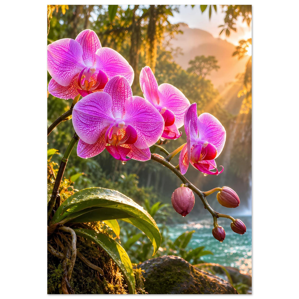 Naturposter mit mehreren pinken Orchideenblüten, Knospen am Zweig