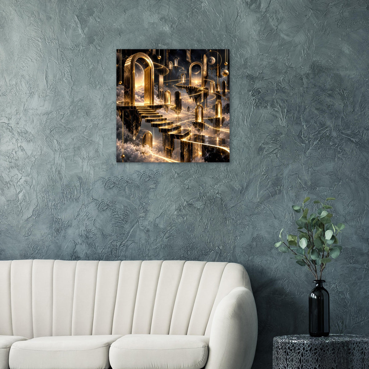 Poster mit goldenen Bögen und Treppe in dunklem Stil, umgeben von Wolken