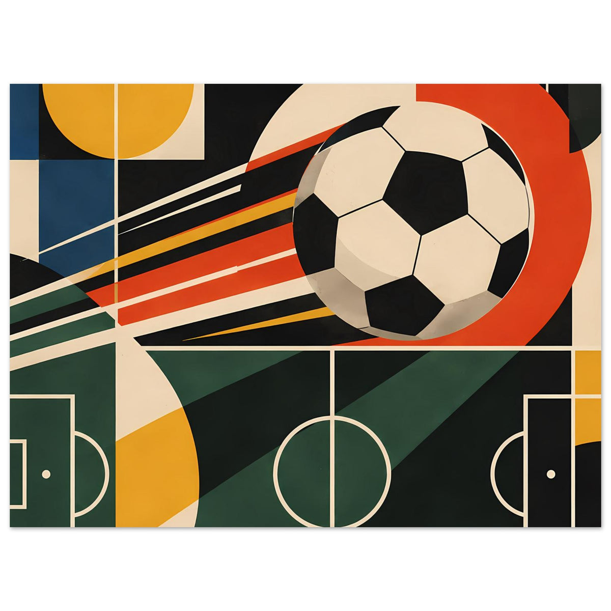 Geometrisches Fußballkunst-Poster mit Fußball, Torlinien und Streifenoptik in kräftigen Farben