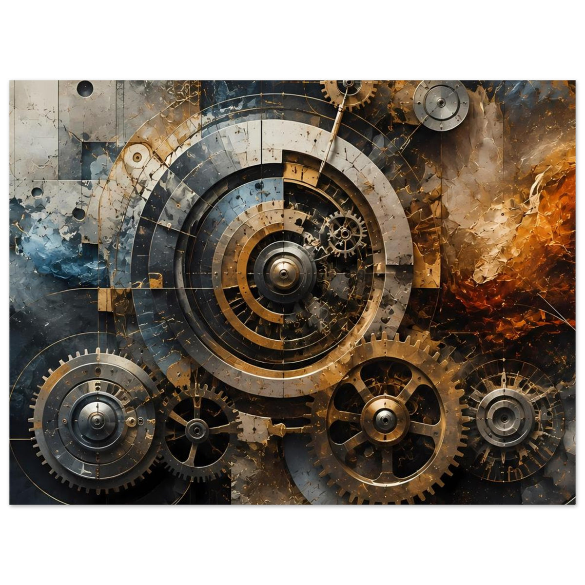 Poster mit großen Zahnrädern und Metallringen, Steampunk-Look, warm