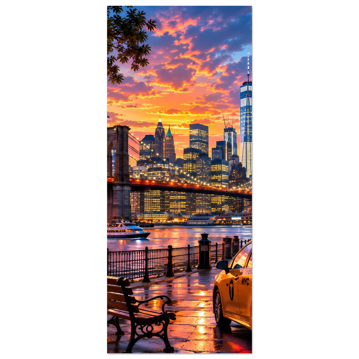 Vertikales Poster: New-York-Skyline bei Sonnenuntergang, Brücke und Taxi an der Seite