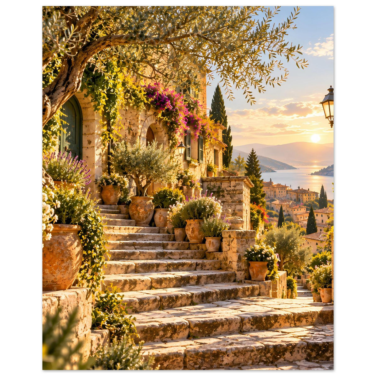 Poster mit mediterraner Treppe, vielen Kübelpflanzen und Blumen am Bogen, Abendsonne, vertikal.