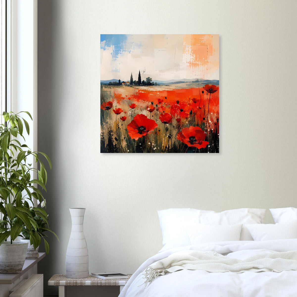 Quadratisches Wandposter mit roten Mohnblumen, abstrakter Landschaft und heller Farbnebel
