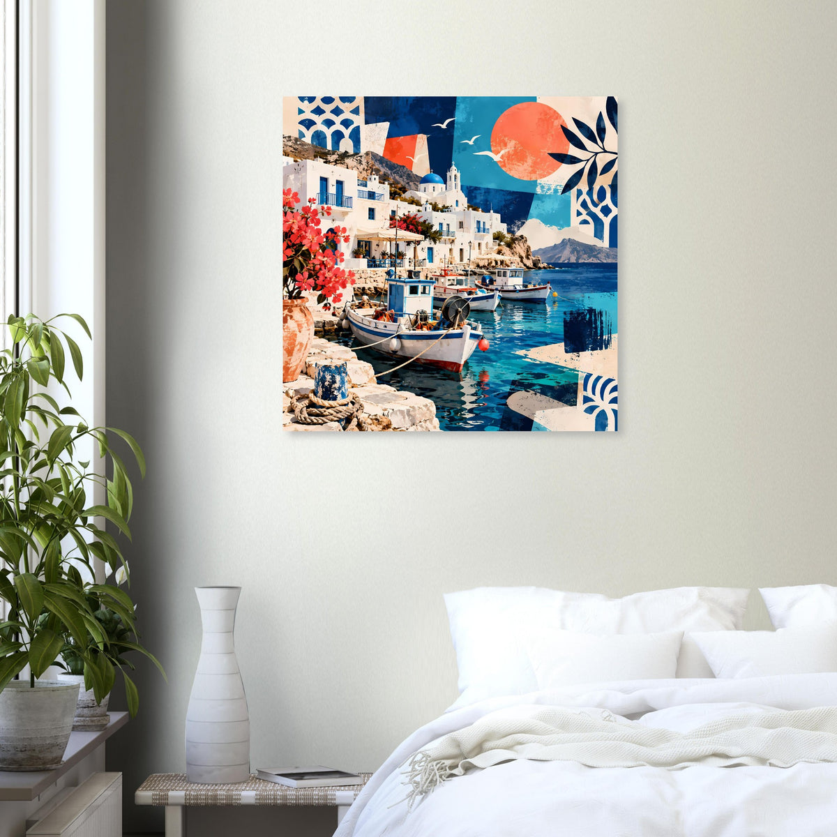 Hafenlandschafts-Poster mit Booten, Küste mit weißen Gebäuden, orange Sonne und blauem Wasser