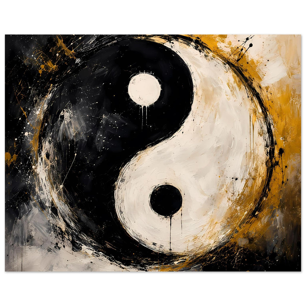 Abstraktes Yin-Yang-Poster, Schwarz-Weiß mit Goldtönen, Yin-Yang-Symbol mit Spritzern