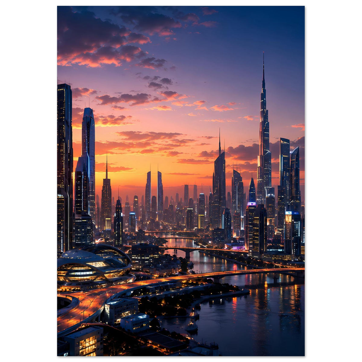 Poster mit Skyline bei Sonnenuntergang, Vertikalformat, gerahmt
