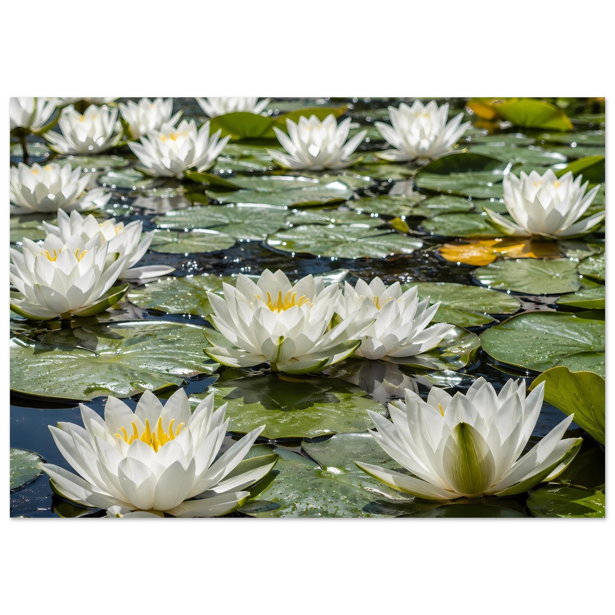 Poster mit weißen Seerosen und grünen Wasserpflanzen, mehrere Blüten in Reihung