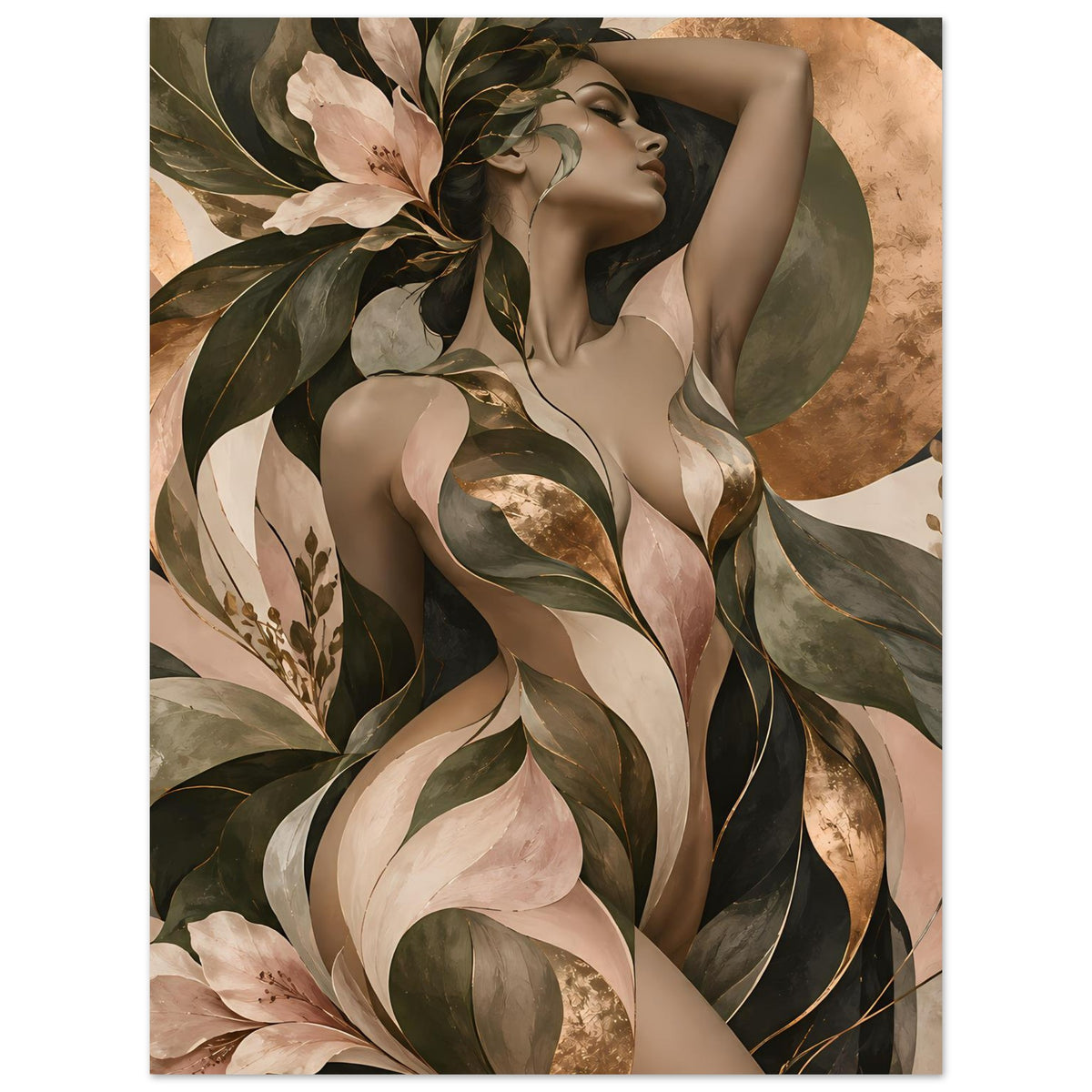 Hochformat-Poster mit Frauenakt, stilisierte Blätter in Dunkelgrün, Oliv und warmem Beige