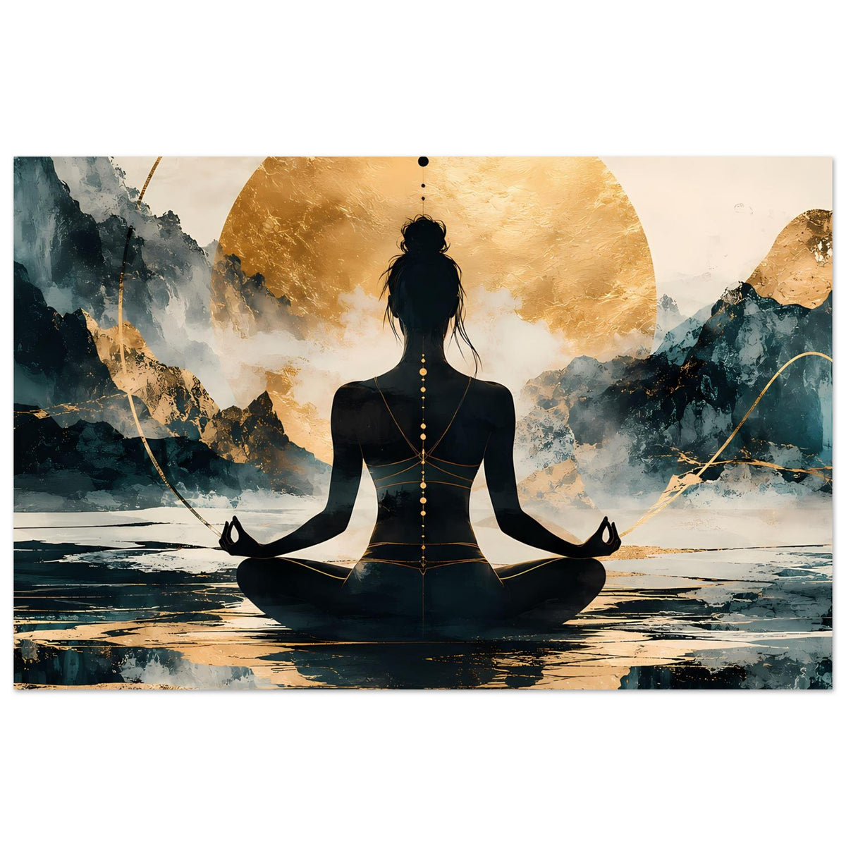Querformat Poster mit Meditationssilhouette im Lotussitz, goldener Mondscheibe und Landschaften