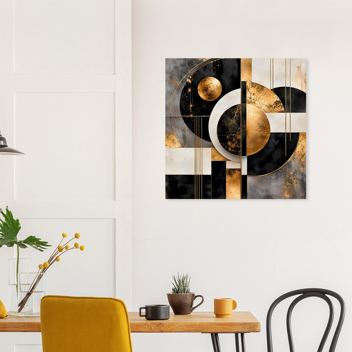 Quadratisches Kunstposter mit abstrakten Kreisformen in Gold auf Schwarz und Creme