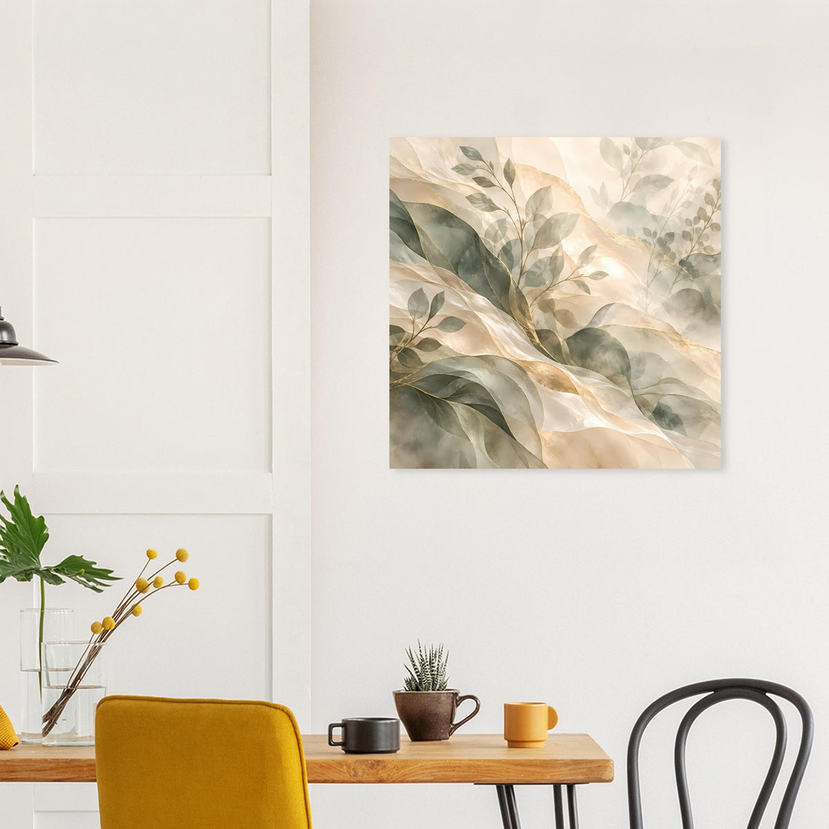 Botanisches Kunstposter mit Blattzweigen in Salbeigrün und warmen Creme-Tönen