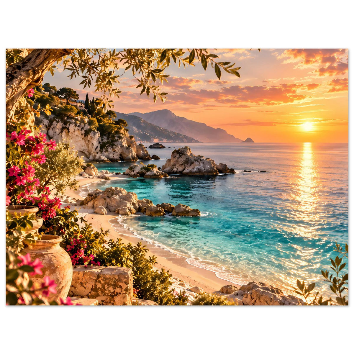 Querformat-Strandposter mit Felsen in der Bucht, türkisfarbenem Meer und Sonnenuntergang