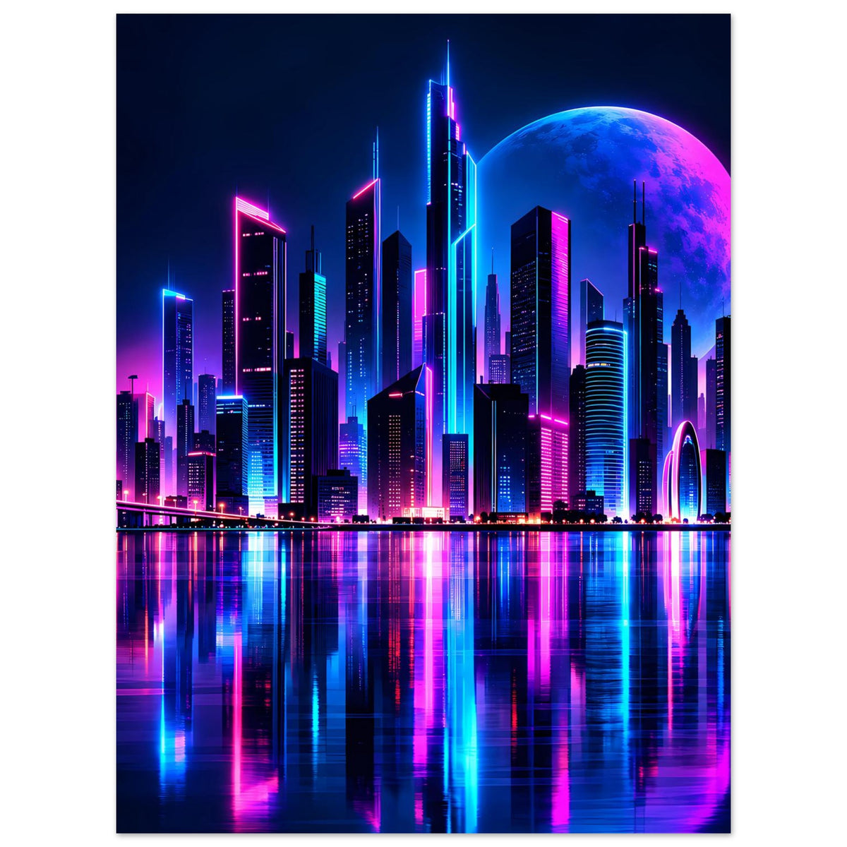 Neon-Stadtposter mit leuchtenden Hochhäusern, großer blauer Mondscheibe und Spiegelung im Wasser