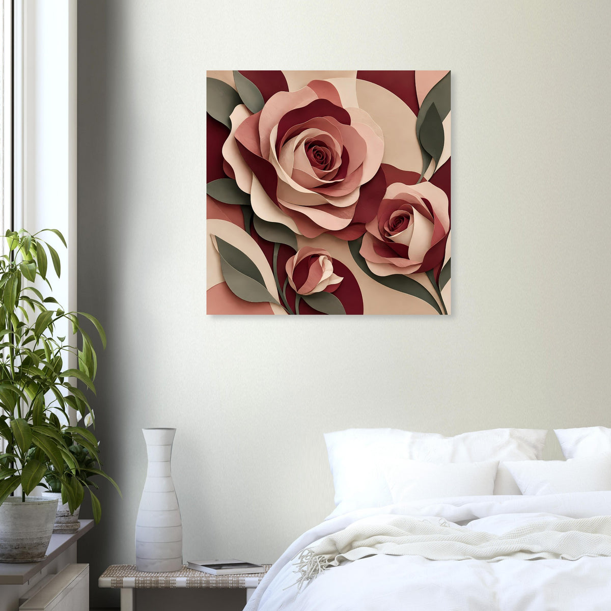 Florales Kunstposter mit Rosen in Burgunder, Rosé und Grün, quadratisch