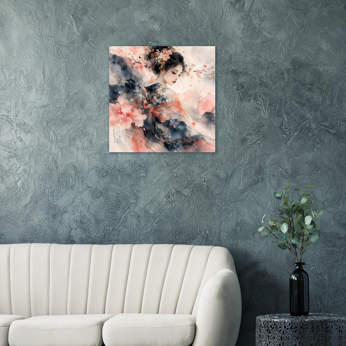 Quadratisches Wandposter mit Aquarellbild: Frauengesicht und Blüten in sanften Tönen