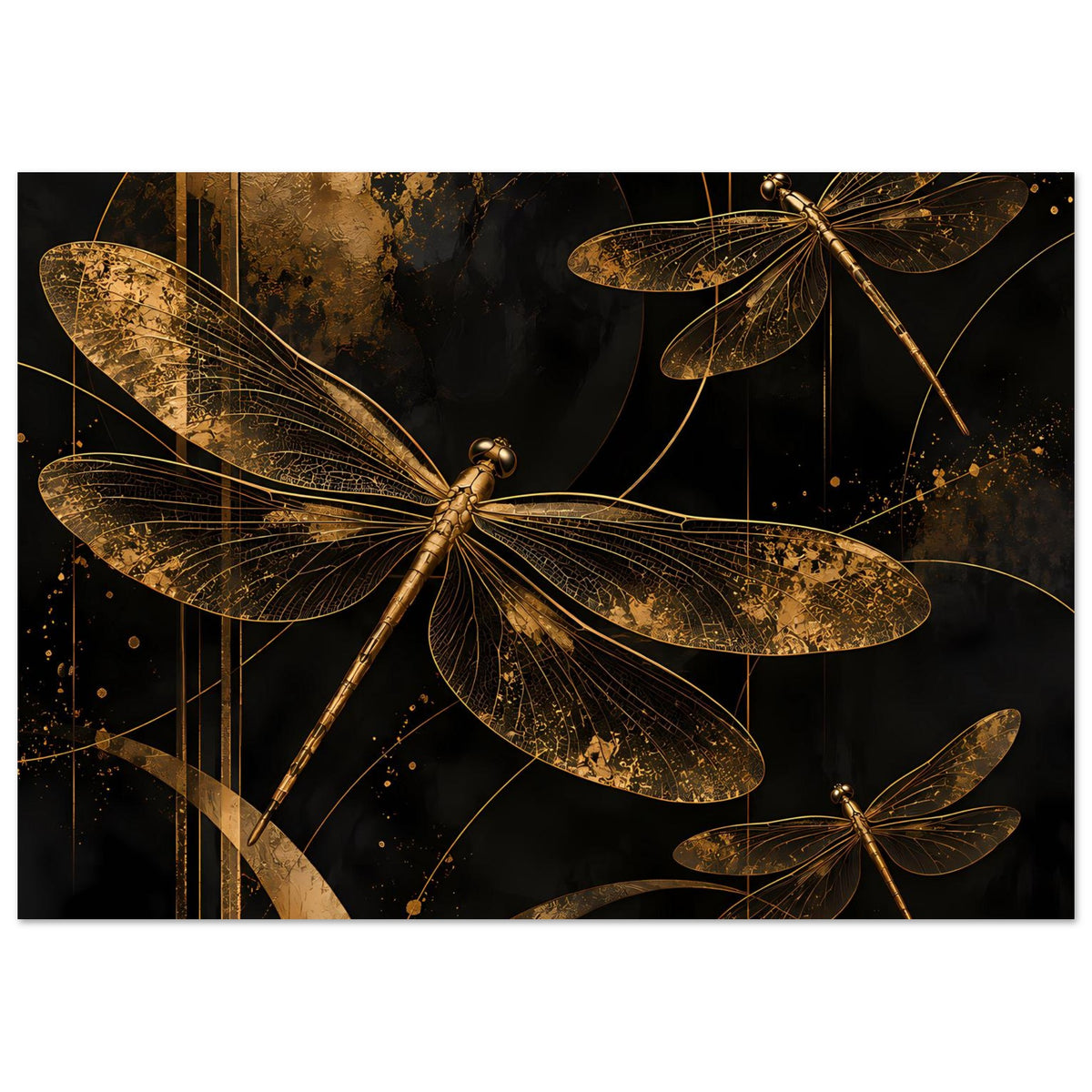 Poster mit goldenen Libellen, drei Motive mit goldenen Sprenkeln und Linien