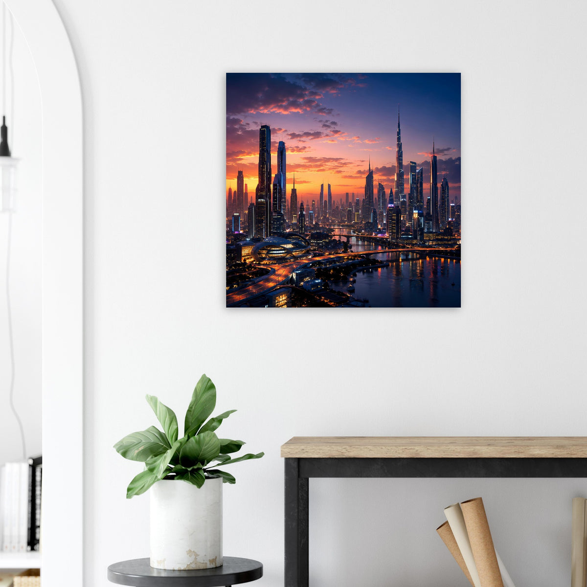Quadratisches Poster mit Skyline bei Sonnenuntergang, dramischer Himmel und Stadtschein am Wasser.