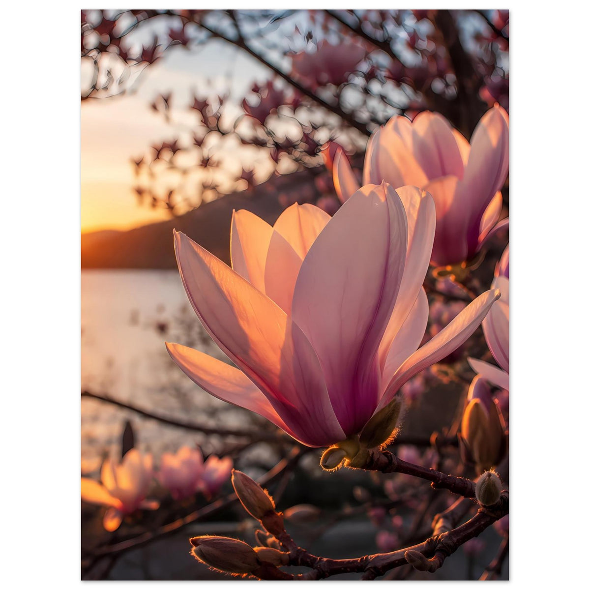 Magnolienblüten-Poster mit lila-rosa Blüten an dunklem Ast, warmes Farbspiel
