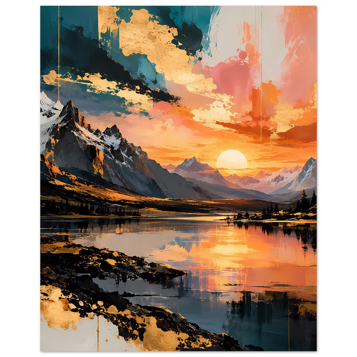 Poster: Sonnenuntergang über Bergen und ruhigem See, leuchtende Farben und klare Konturen.