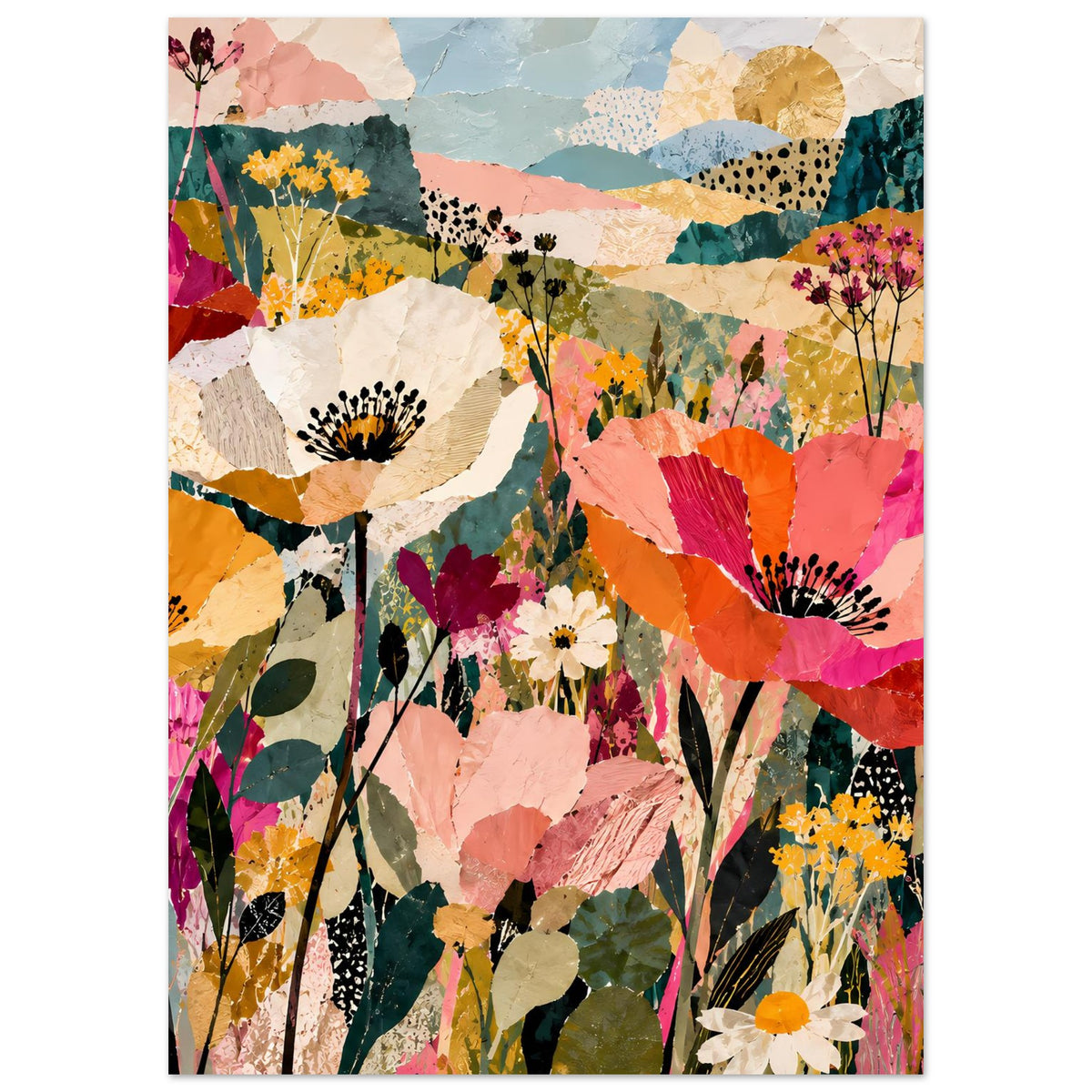 Blumen-Collageposter mit mehreren Blütenbuketts in Rosa, Orange und Grün, vertikal