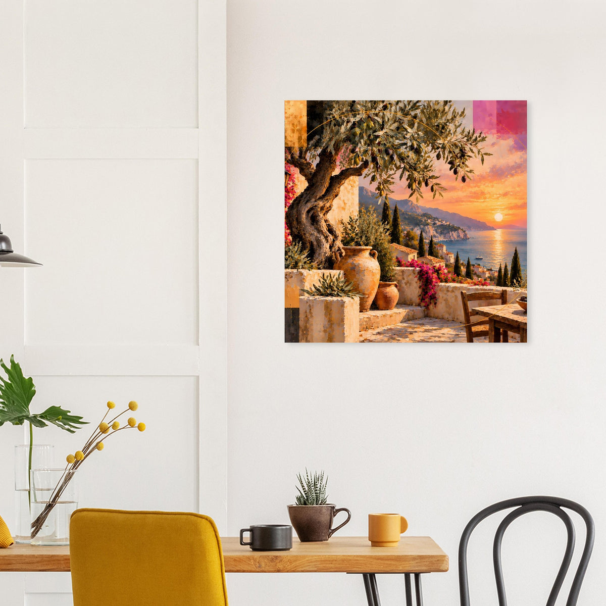 Quadratisches Poster mit Sonnenuntergang, Olivenbaum und mediterranen Kübeln auf der Terrasse