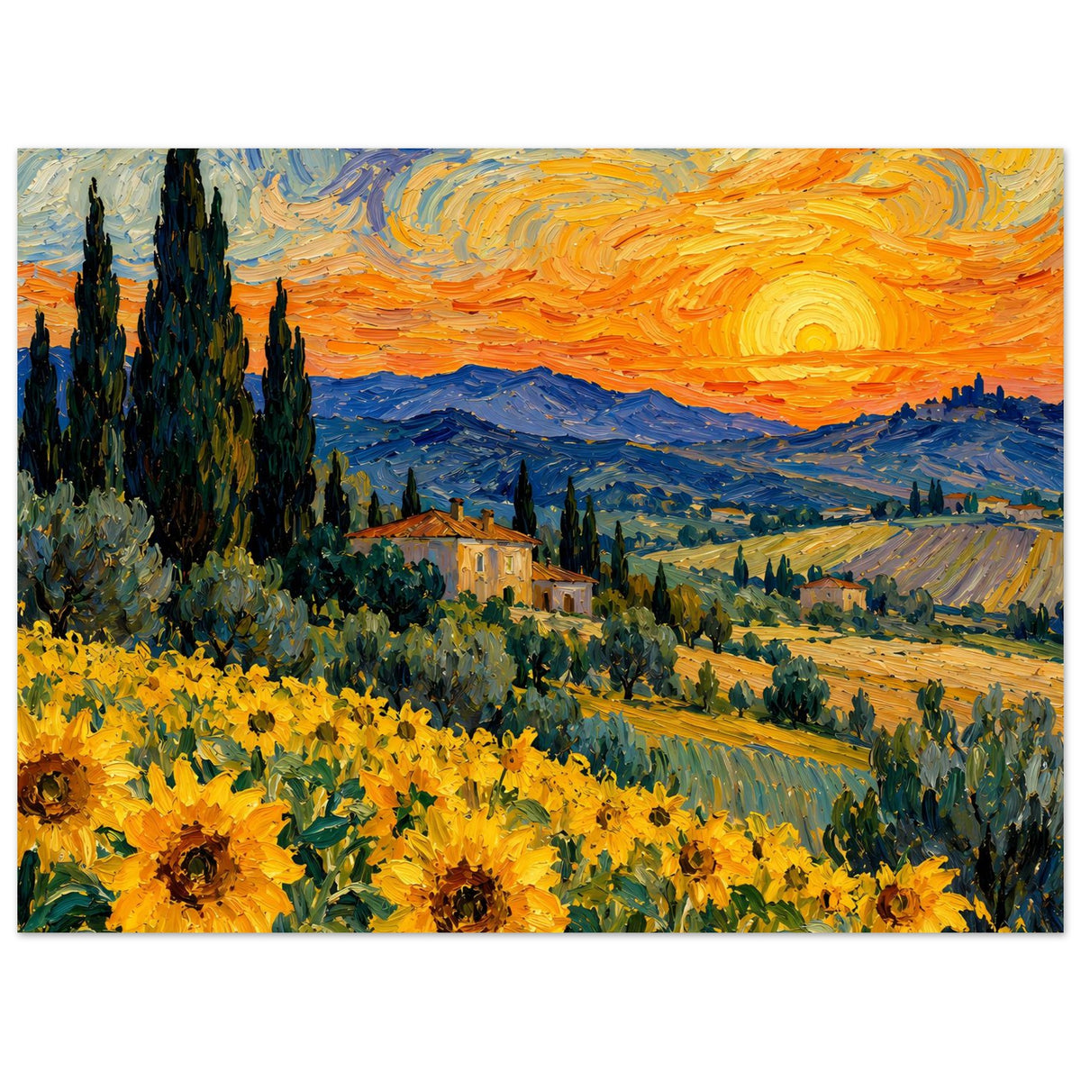 Kunstposter: Sonnenblumen links unten, grüne Hügel und orangefarbene Abendsonne