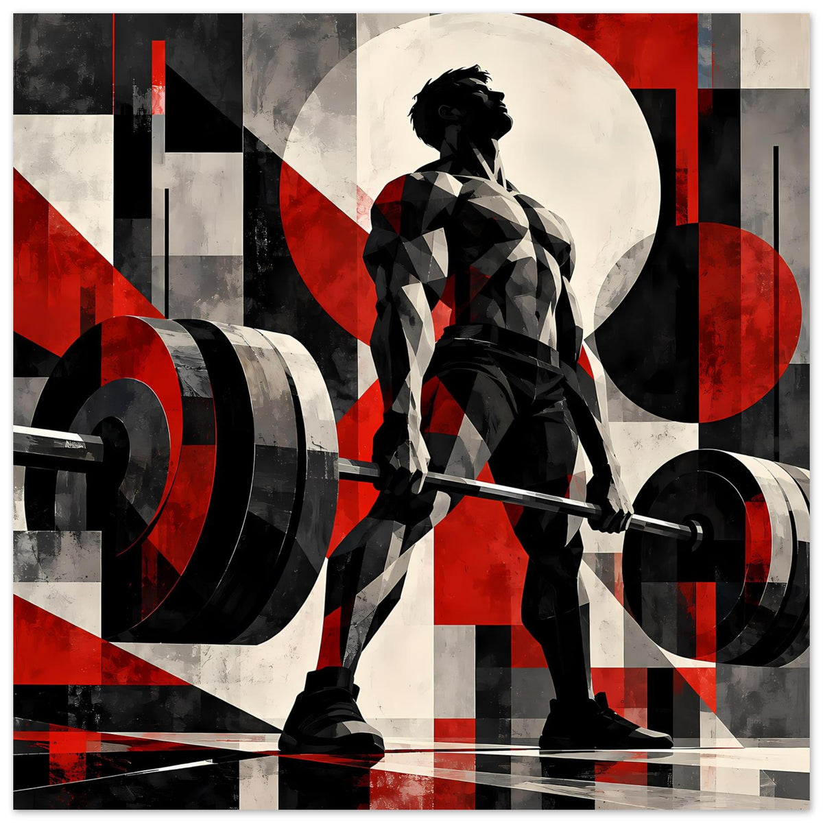 Fitnessposter mit Fokus auf Hantel-Scheiben und Kraftsportler, dynamisches Rot-Schwarz-Design