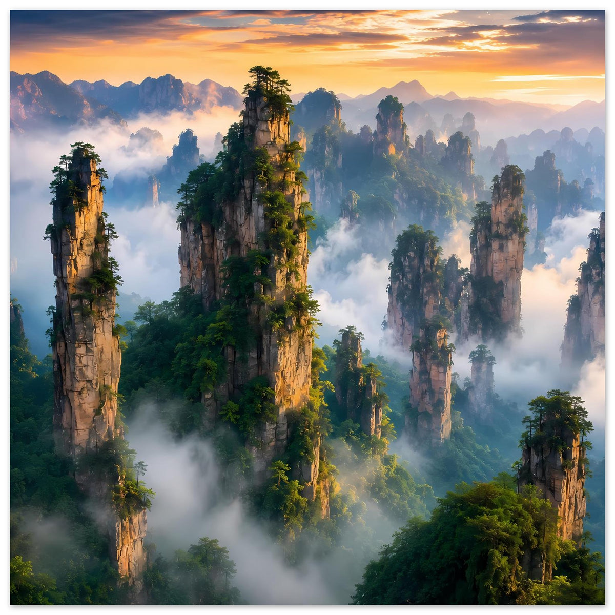 Querformat-Wandposter mit majestätischer Bergkulisse, Dschungelwipfeln, Sonnenaufgang und Nebel, gerahmt.