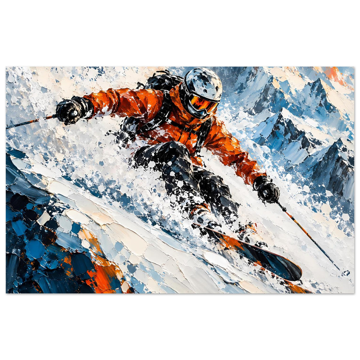 Wintersport-Poster mit Skifahrer in Orange und Blau, Skiabfahrt über verschneitem Berg