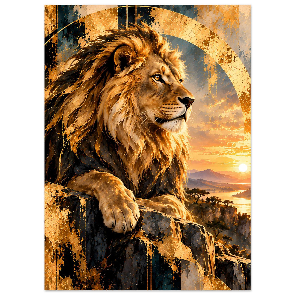 Löwenposter mit Löwenprofil und goldener Mähne, Felsvorsprung und untergehende Sonne