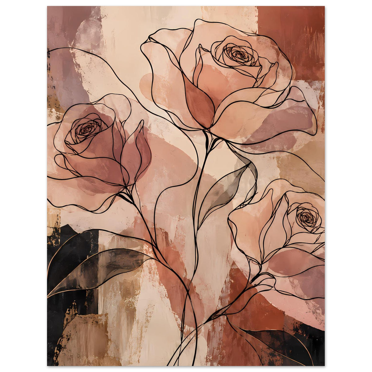 Poster mit abstrakten Rosen als Linienkunst, warmes Terrakotta- und Erdtöne