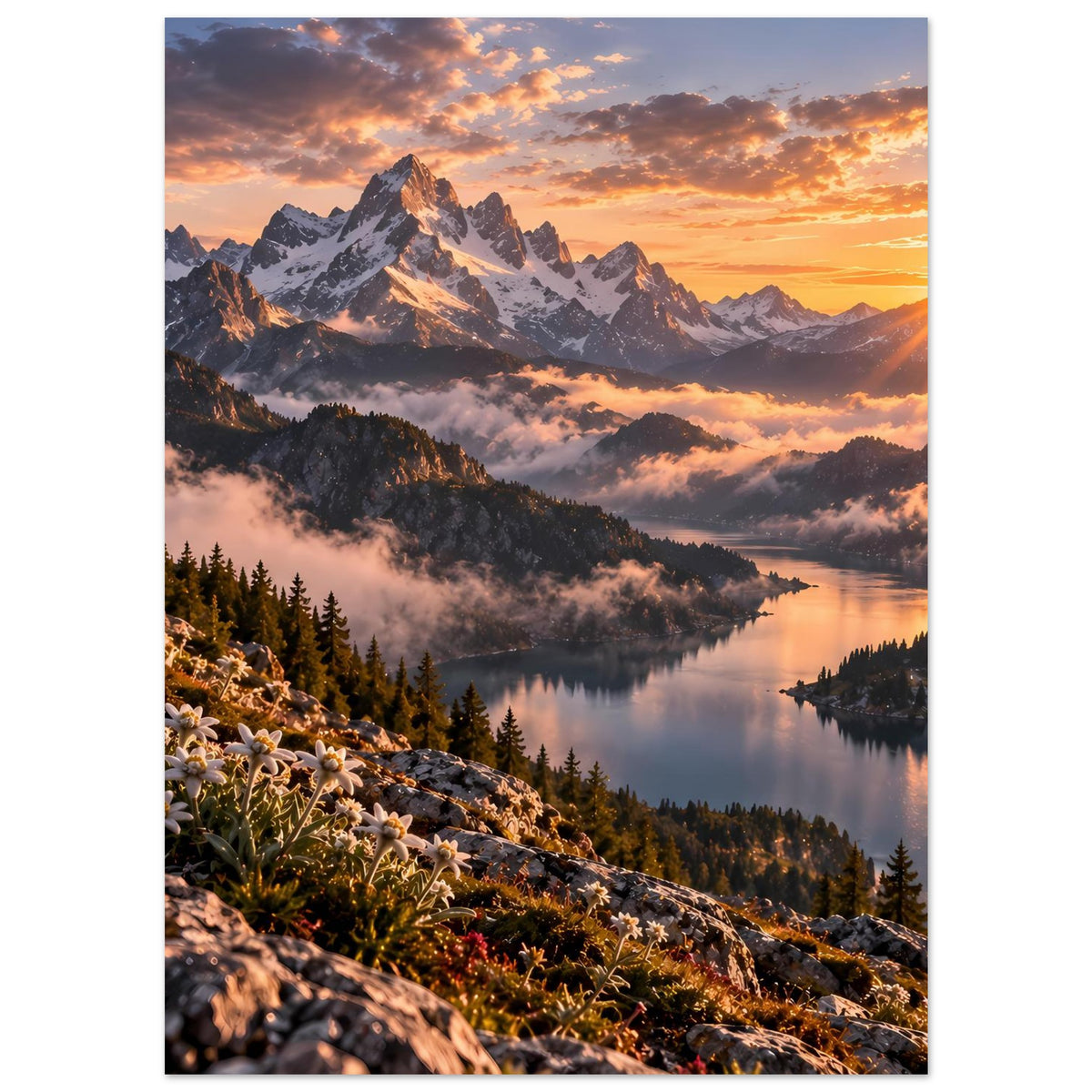 Hochkant-Poster mit Bergkamm, Tannenwald, Nebelschichten und ruhigem See