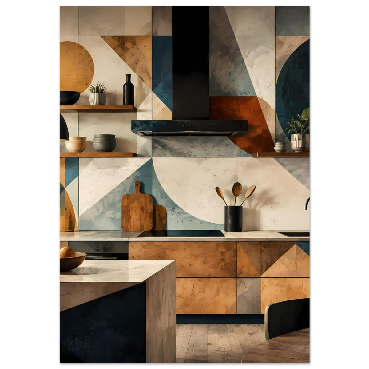 Geometrisches Küchenkunst-Poster mit Küchenregal, Herdabzug, Schneidebrett und Töpfen
