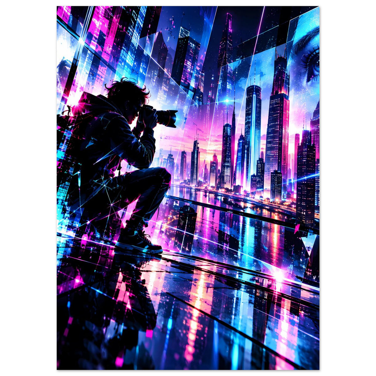 Neon-Cyberpunk-Stadtposter bei Nacht mit silhouettierter Figur, bunten Türmen und Glasreflexen