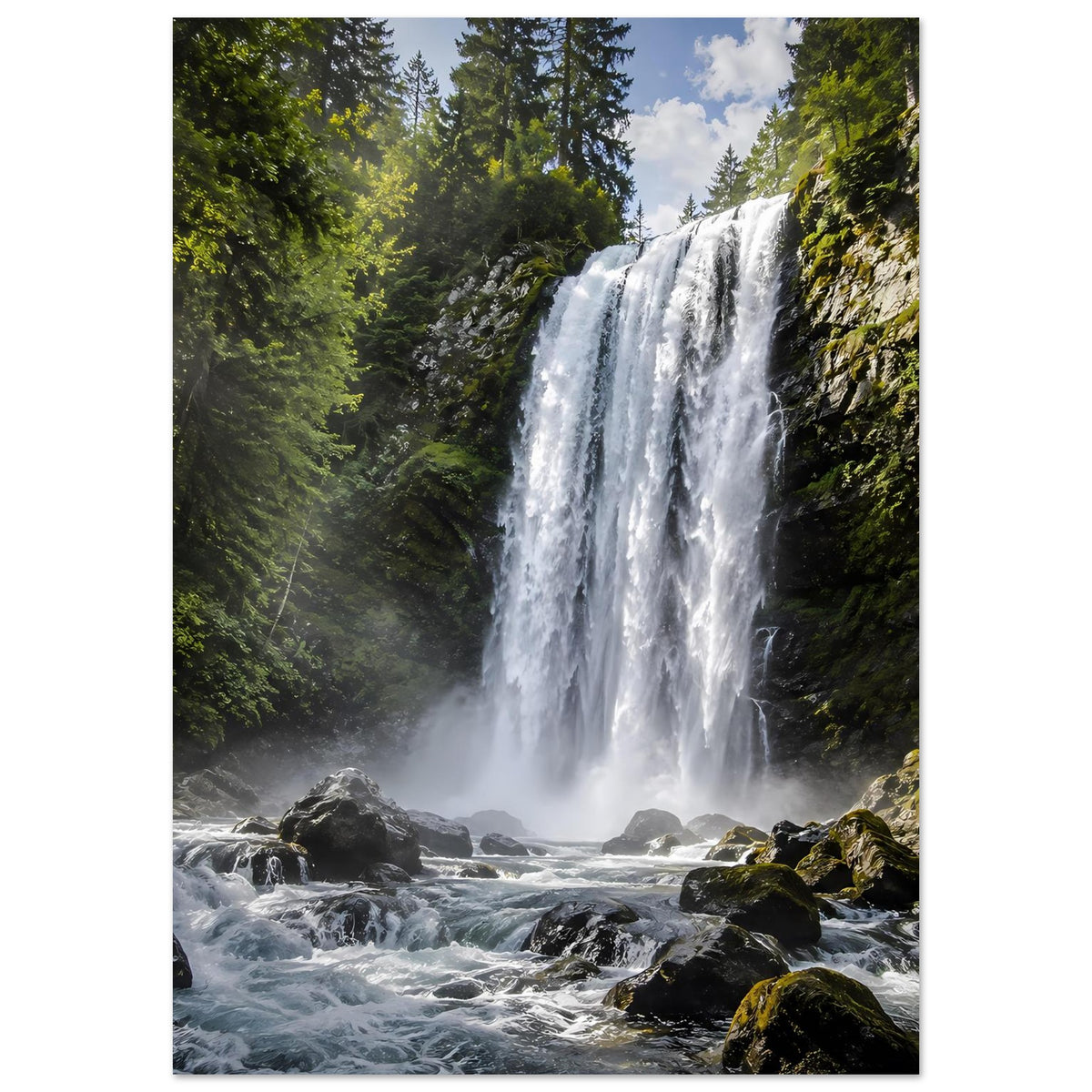 Wasserfall-Fotoposter: weiße Wasserströme fallen inmitten dunkler Felsen