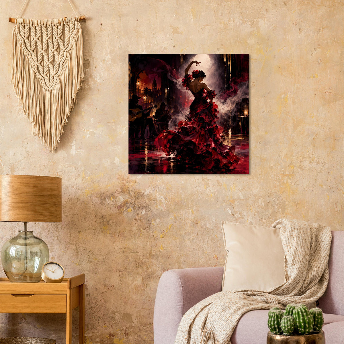 Wandposter: Flamenco-Tänzerin im roten Kleid mit Rauch- und Flammenoptik vor Nachtkulisse