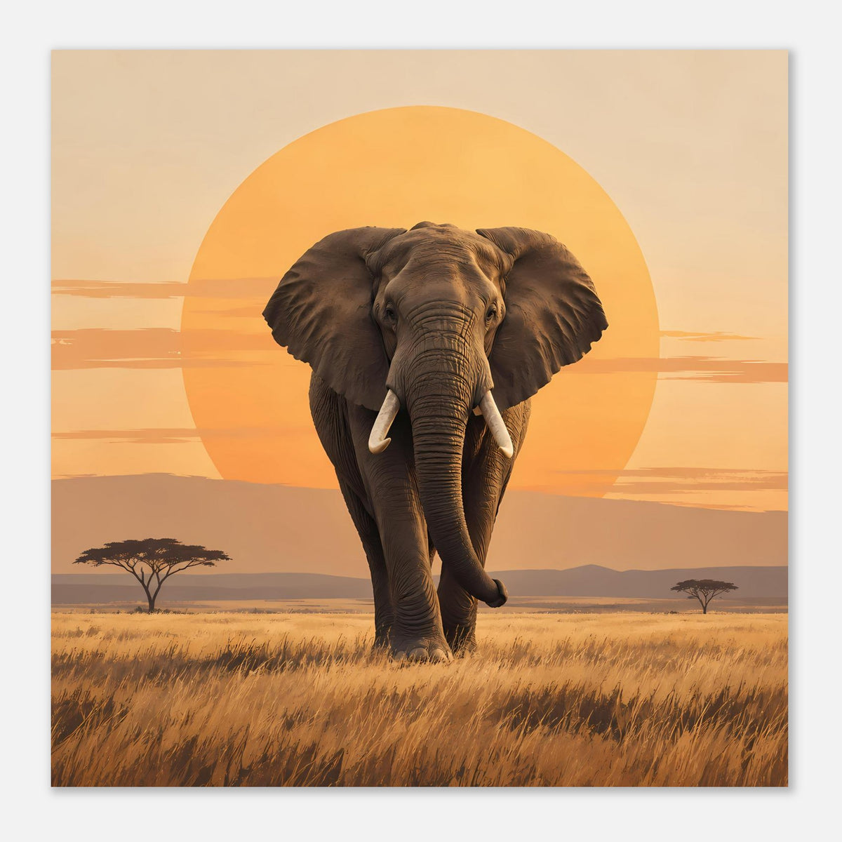 Matte Poster im Quadratformat mit braunem Elefanten und orangefarbenem Sonnenkreis