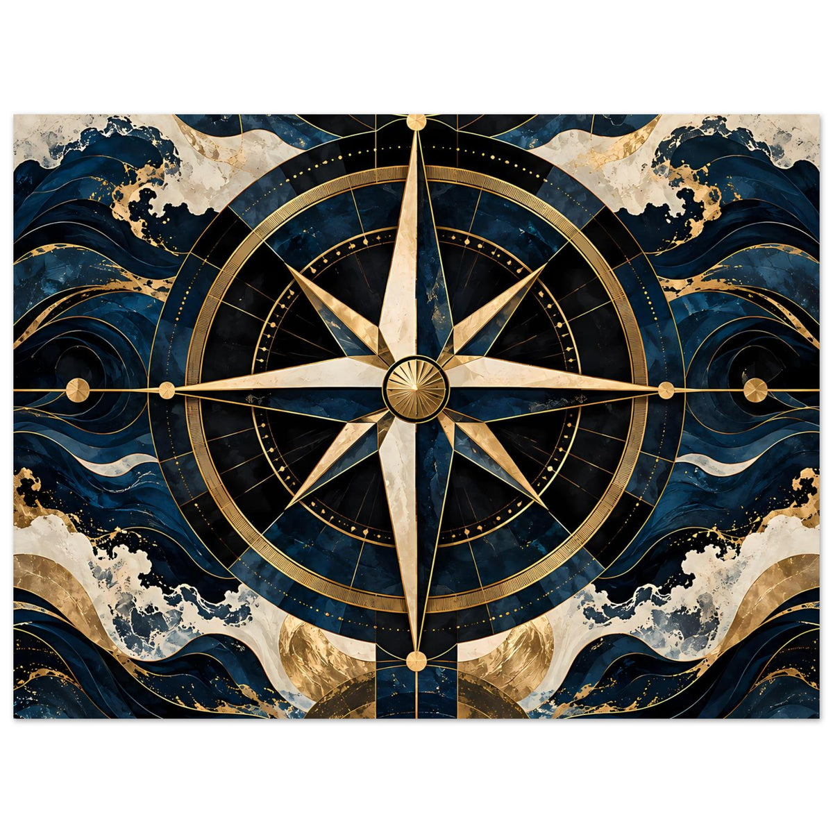 Maritimes Navigationsposter: Kompassrose mit goldenen Strichen und blauen Wellenflächen