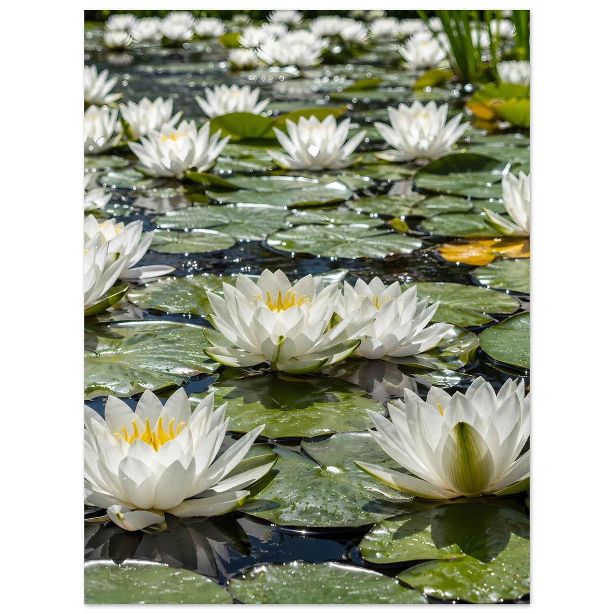 Poster: weiße Seerosen auf grünem Seerosenteich, Blüten schwimmen auf Wasserpflanzen