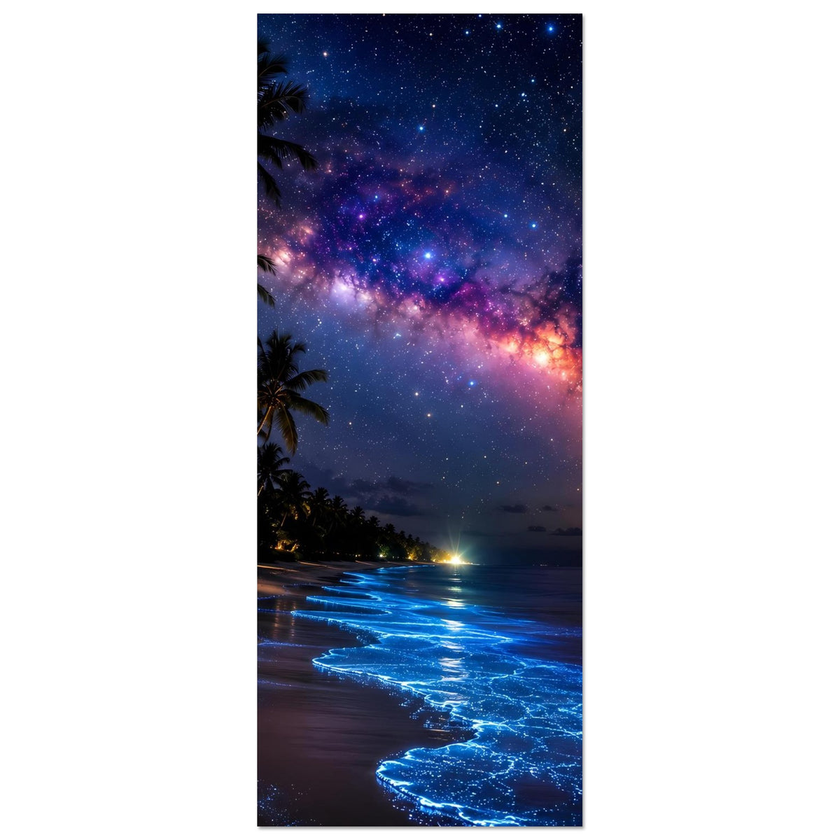 Schmales Poster im Hochformat: Palmenrand, blaue Wellen, Sternenhimmel mit Milchstraße