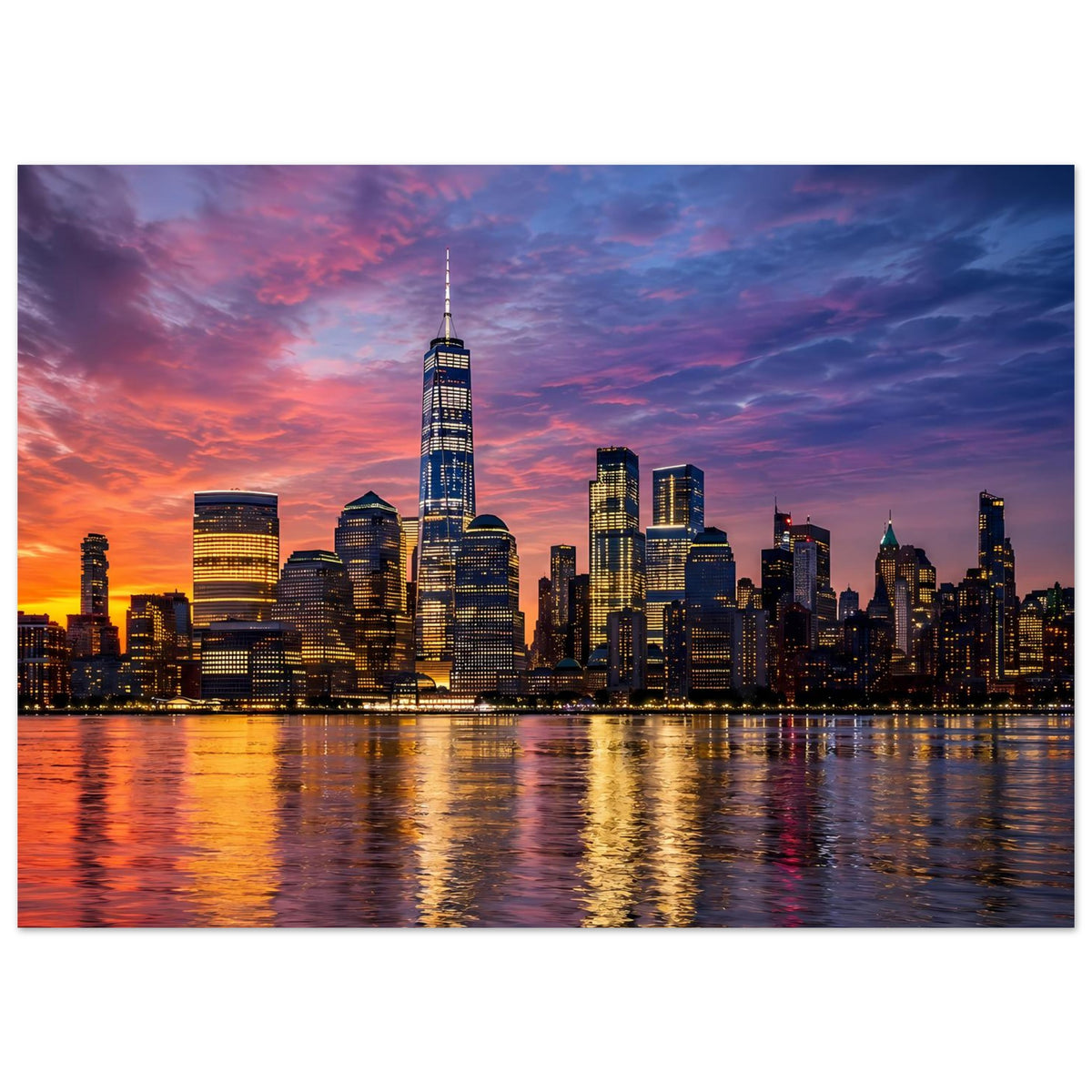 Poster mit New York-Skyline bei Dämmerung im Querformat, Wolkenhimmel und Lichter spiegeln im Wasser.