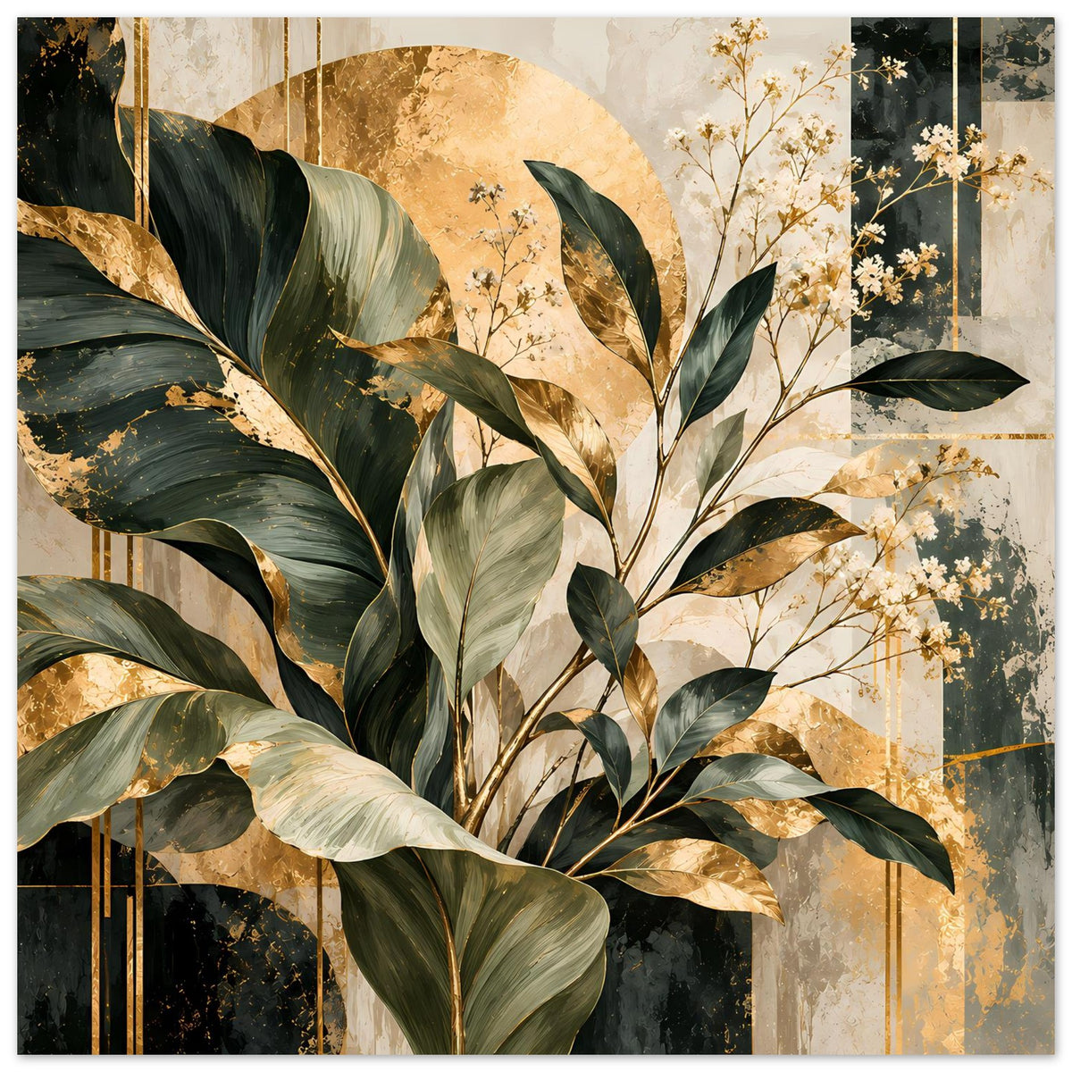 Poster mit üppigem Blatt- und Blütenzweig in Grün, Gold und Beige, quadratischer Ausschnitt