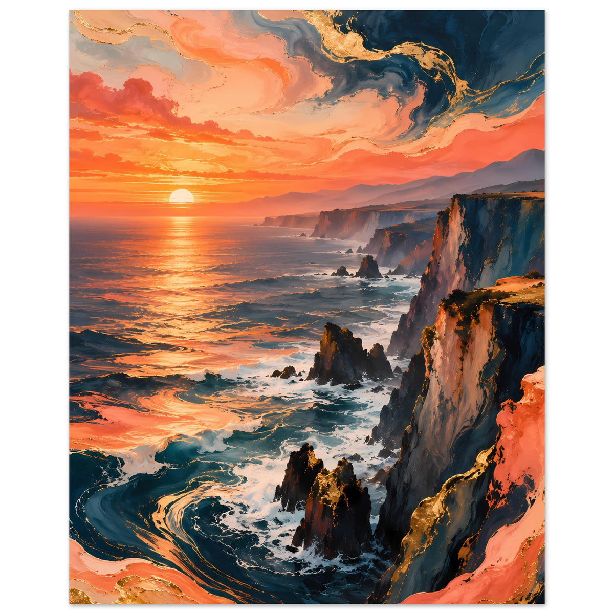 Vertikaler Posterdruck mit Klippenrippe am Meer, Sonne am Horizont und Wolkenwirbel