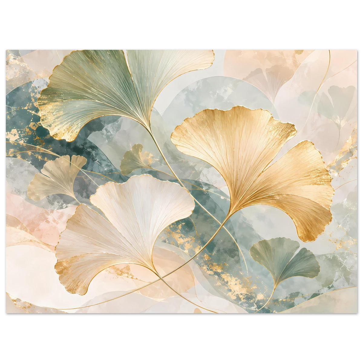 Horizontales Poster mit Ginkgo-Blättern, goldenen Konturen und pastelligem Grün-Blau-Beige
