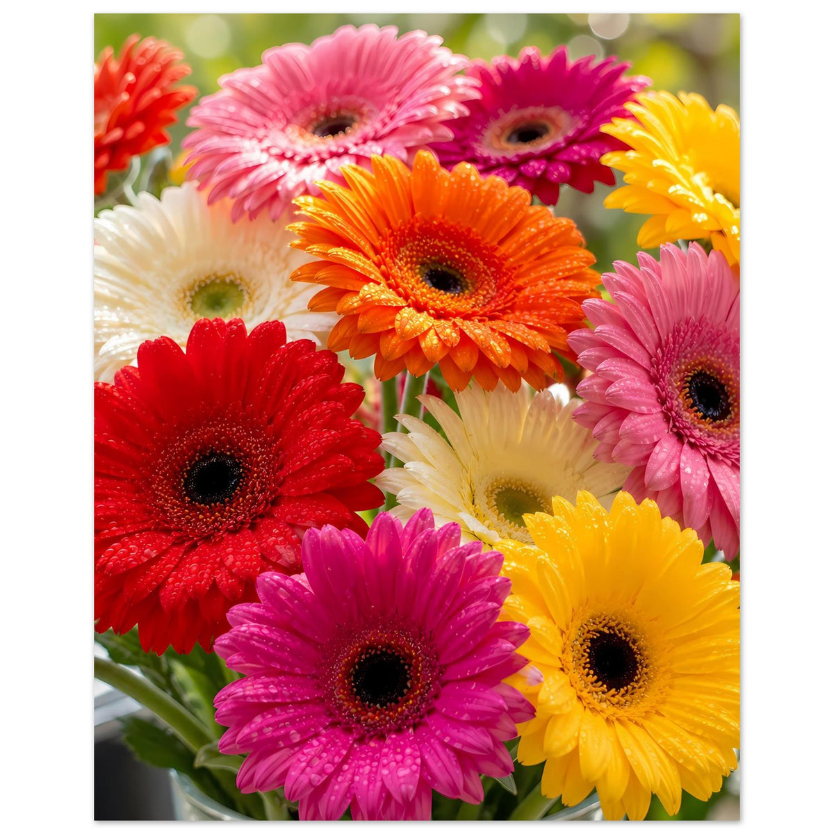 Gerbera-Blumenposter mit überwiegend farbigen Gerbera-Daisy-Blüten in Pink, Orange, Rot und Gelb