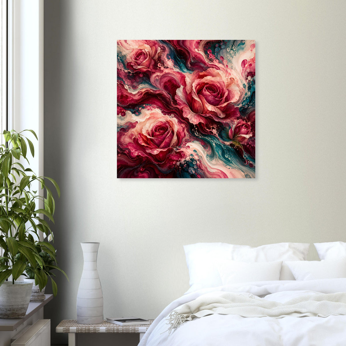 Quadratisches Rosenkunst-Poster mit roten Blüten, türkisfarbenen Wirbeln und Farbverläufen.