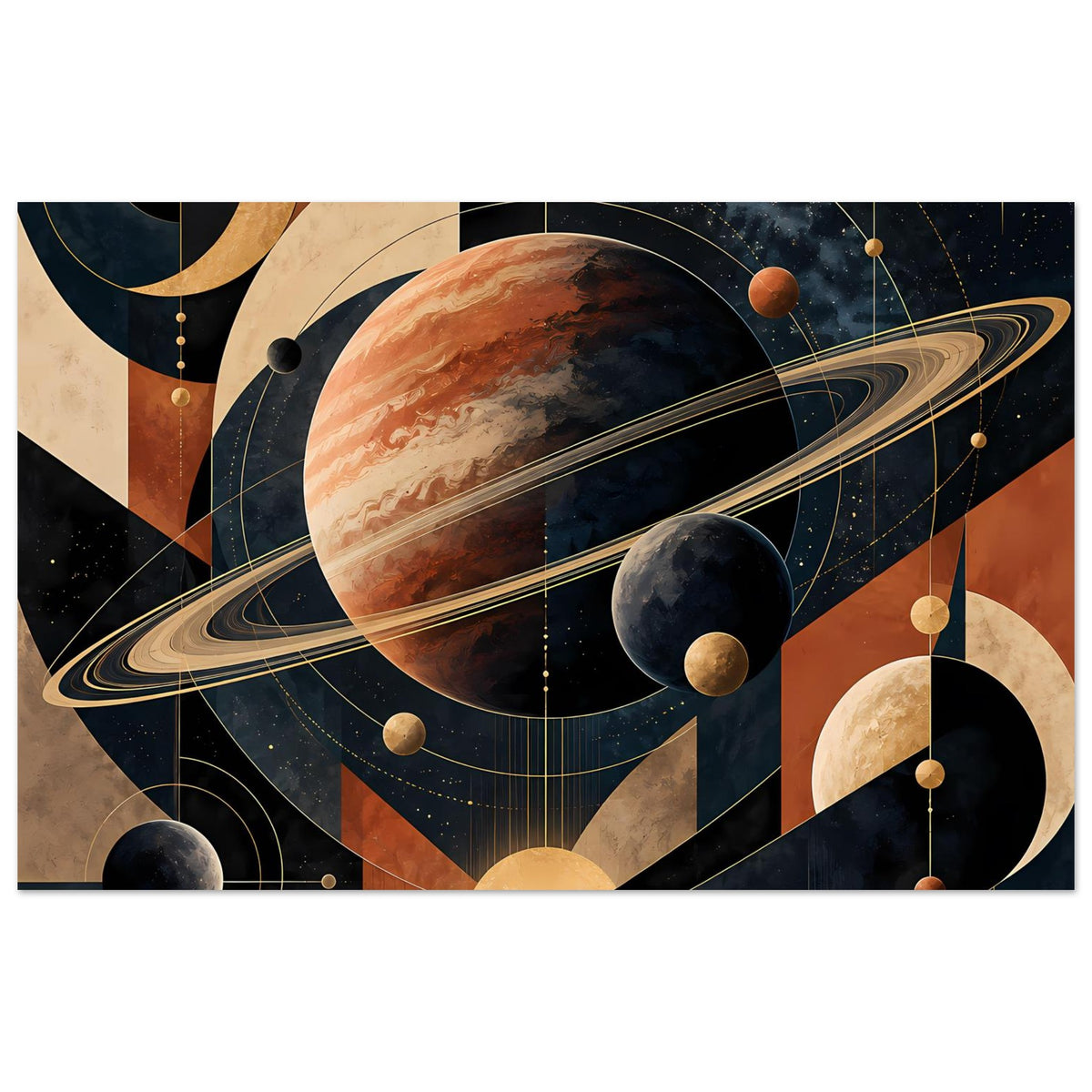 Horizontales Weltraum-Poster mit Planeten, Saturnring und geometrischen Bahnen in warmen Erdtönen