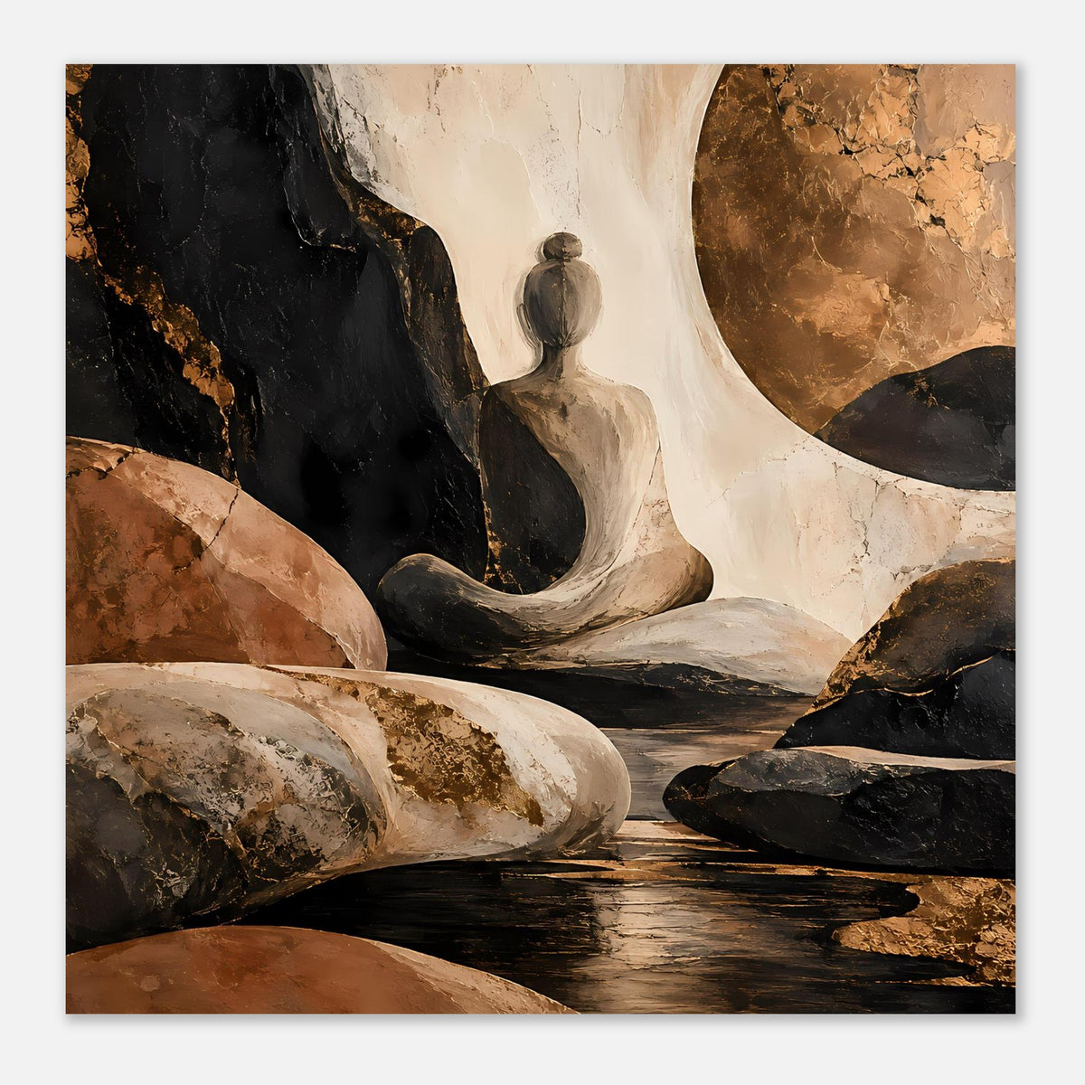 Gerahmtes Poster, Ausschnitt der Meditationsfigur mit Felsen und warmen Braun-Creme-Tönen
