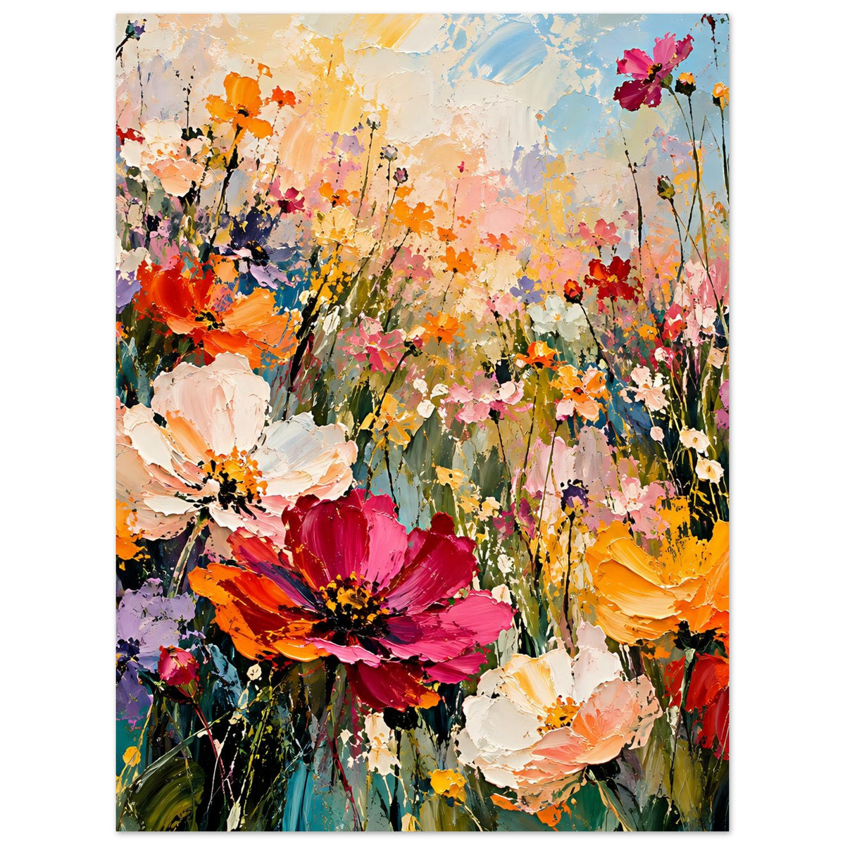 Blumenposter im Hochformat, Nahansicht auf Blüten in Pink, Orange und Rot